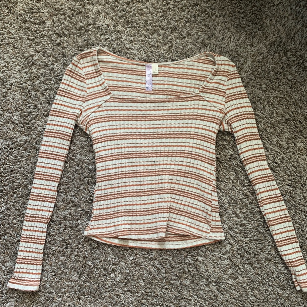 S Long Sleeve, Cropped, Fitted,  Wide Neck, Rust and Cream Sweater